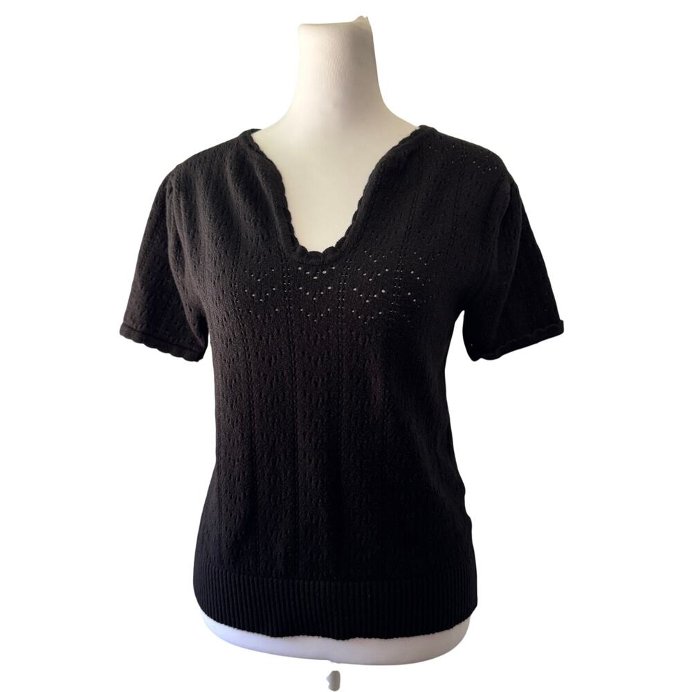 Black Semi-Sheer V-Neck Short Sleeve Sweater - Picture 3 of 7